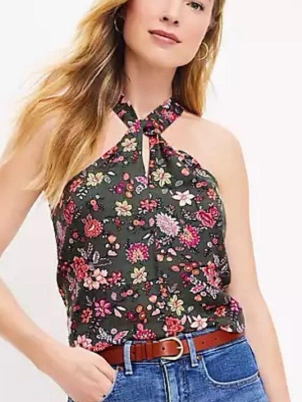 Loft Ann Taylor Halter Tank Top Green Pink Floral Linen Blend Twist Neck Size S